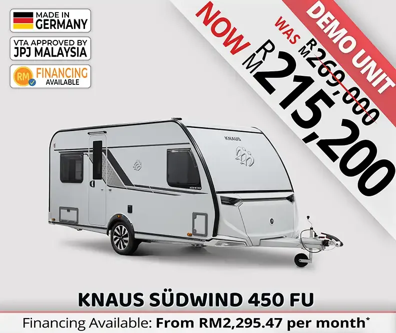 Front view of Knaus Südwind 450 FU caravan highlighting sleek design for efficient towing.