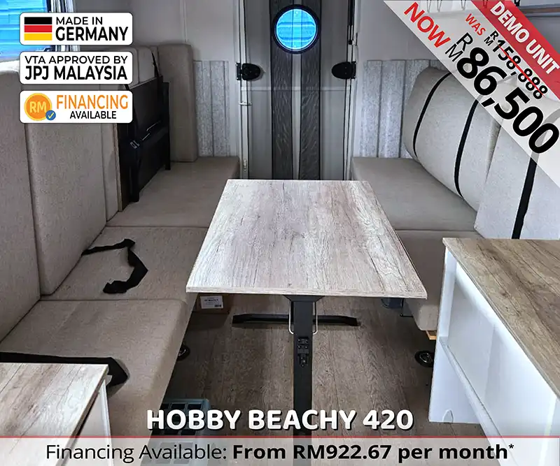 Flexible Day-to-Night with Convertible dining and sleeping space of Hobby Beachy 420 caravan for Malaysian family travel.