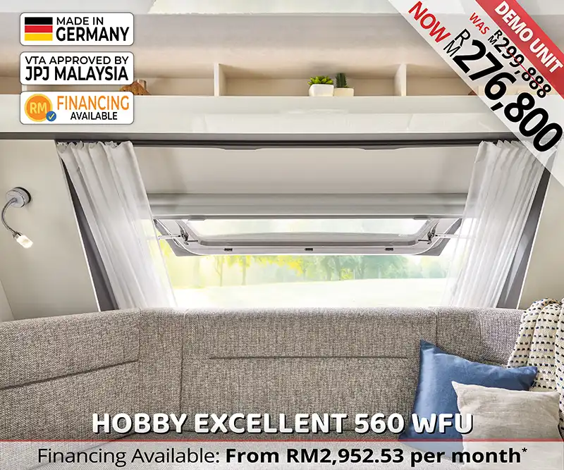 Panoramic windows of the Hobby Excellent 560 WFU luxury caravan providing light and ventilation for Malaysian weather.
