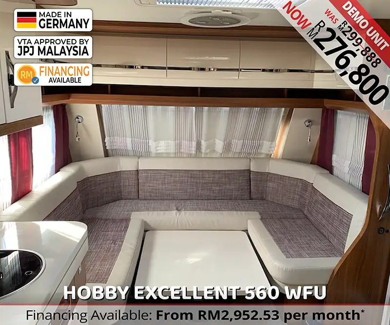 Hobby Excellent 560 WFU caravan dining and lounge area that converts into a comfortable sleeping space.