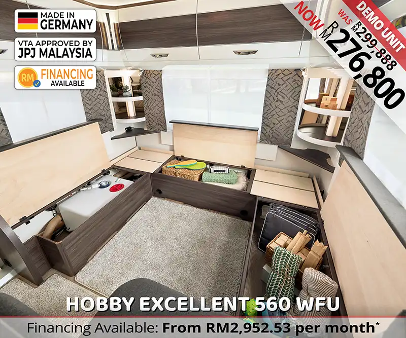Smart interior storage compartments inside Hobby Excellent 560 WFU caravan for family travel.