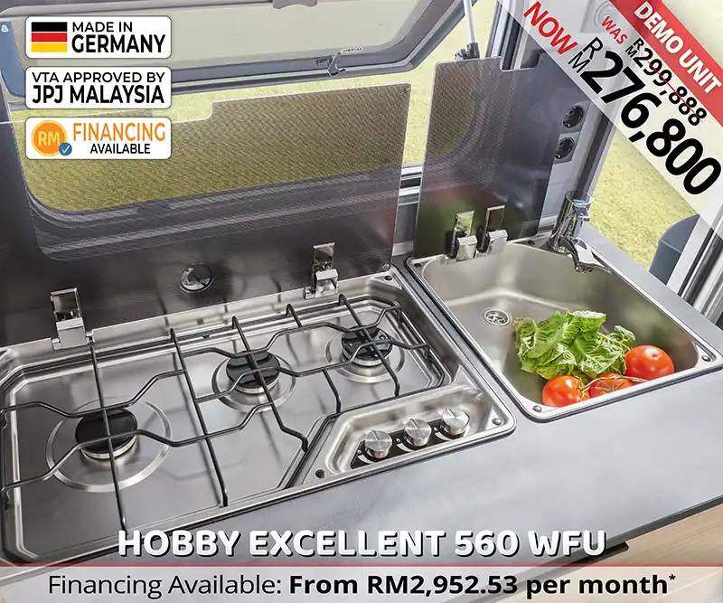 Hobby Excellent 560 WFU caravan sink and stove area designed for efficient cooking and easy cleaning during Malaysian road trips.