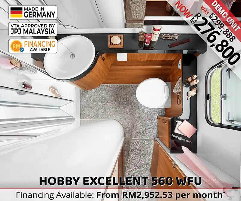 Bathroom of the Hobby Excellent 560 WFU luxury caravan with stylish fittings and compact layout for Malaysian adventurers.