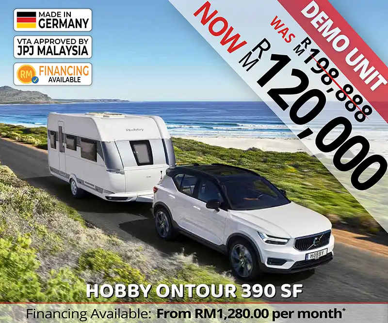 Hobby Ontour 390 SF caravan drive by the seaside, ideal for beachside camping and relaxing family getaways in Malaysia.