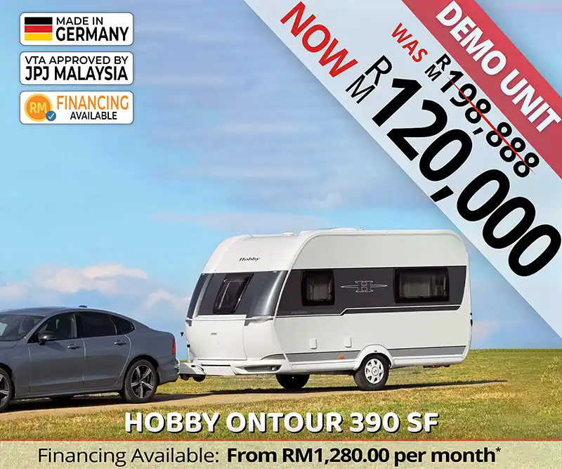 Hobby Ontour 390 SF caravan parked in a lush meadow, ideal for peaceful outdoor adventures and family travel in Malaysia.
