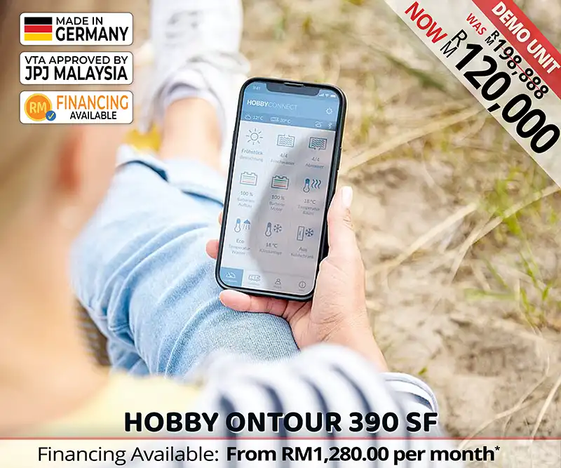 Hobby Smart System display in Ontour 390 SF caravan for digital control of lighting and climate in Malaysia.