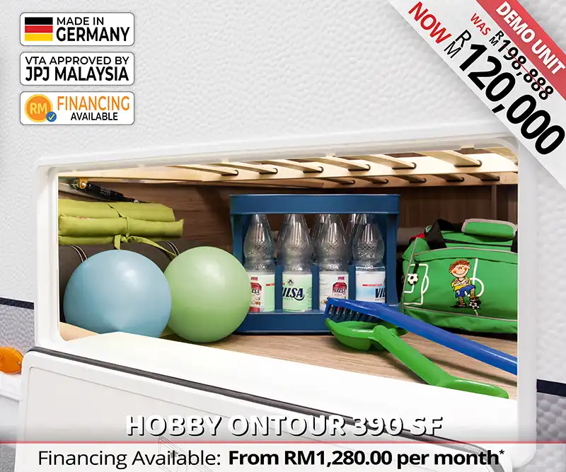 Smart storage compartments inside Hobby Ontour 390 SF caravan.