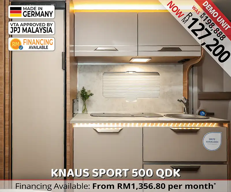 The Knaus Sport caravan caravan kitchen with microwave, sink, stove, and smart storage for Malaysian travellers.