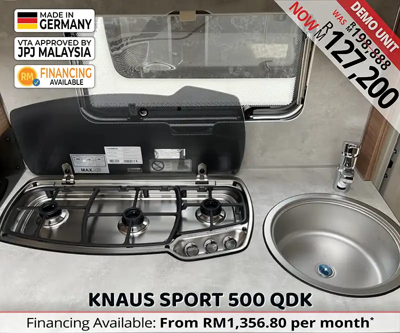 Knaus Sport 500 QDK caravan sink and stove area designed for efficient cooking and easy cleaning during Malaysian road trips.