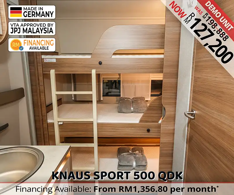 Triple bunk beds in Knaus Sport 500 QDK caravan ideal for children or guests.