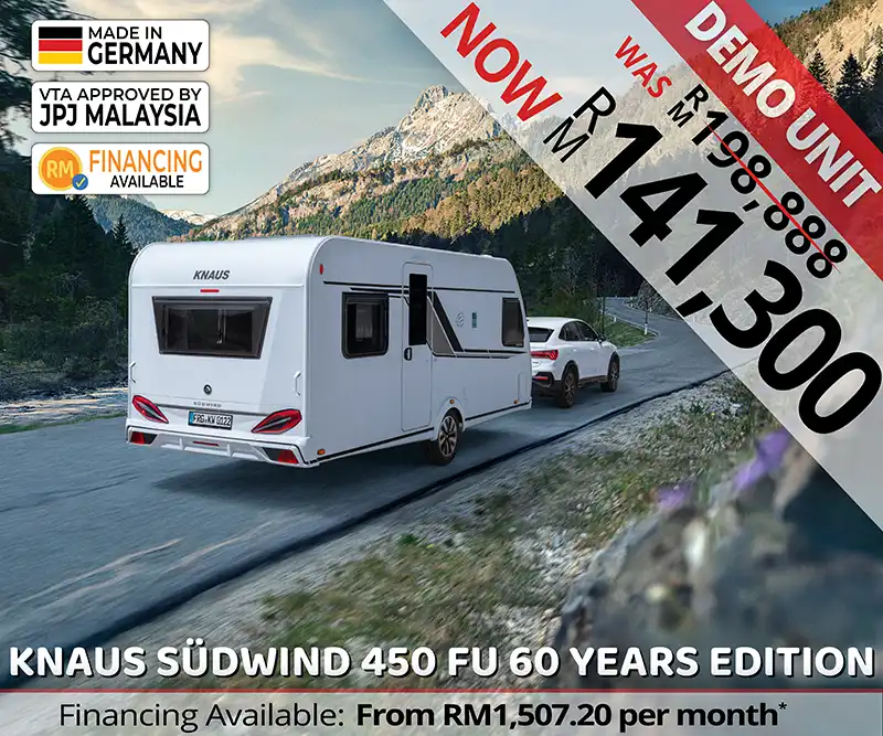Knaus Südwind 450 FU 60 Years Edition caravan being towed with stable and lightweight performance.