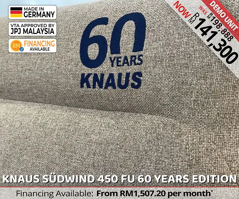 Living area of Knaus Südwind 450 FU 60 Years Edition caravan with exclusive upholstery and convertible seating for Malaysia.
