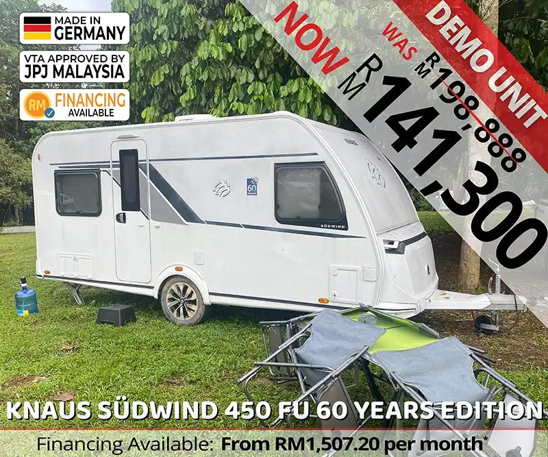 Knaus Südwind 450 FU 60 Years Edition caravan parked outdoors, showcasing elegant design and comfort for family travel in Malaysia.