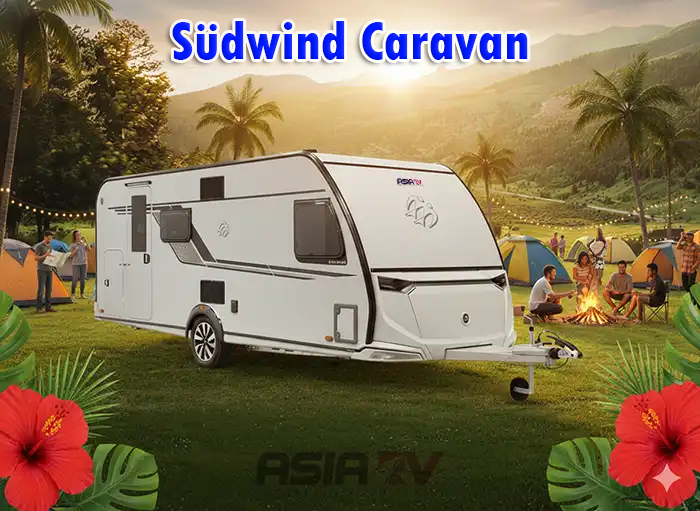 KNAUS SÜDWIND caravan exterior, premium European touring trailer with modern finish, designed for comfortable road trips and campsite stays in Malaysia.